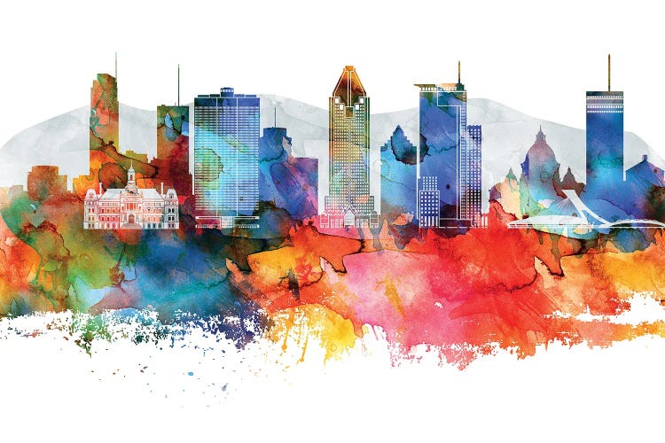 Montreal Colorful Watercolor Skyline by WallDecorAddict wall art