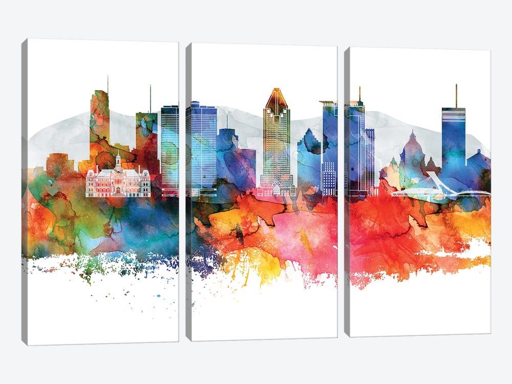 Montreal Colorful Watercolor Skyline by WallDecorAddict 3-piece Canvas Wall Art