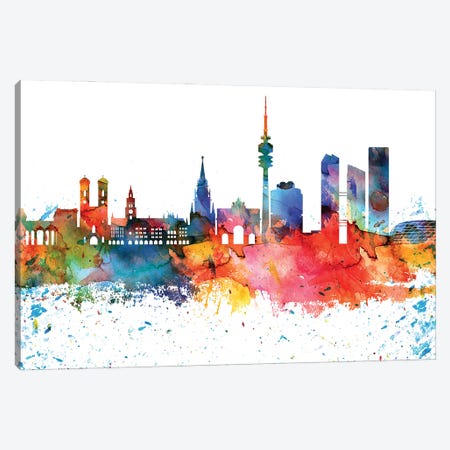 Munich Colorful Watercolor Skyline Canvas Print #WDA1338} by WallDecorAddict Canvas Art