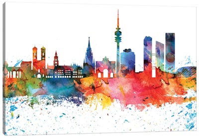 Munich Colorful Watercolor Skyline Canvas Art Print - Munich Art