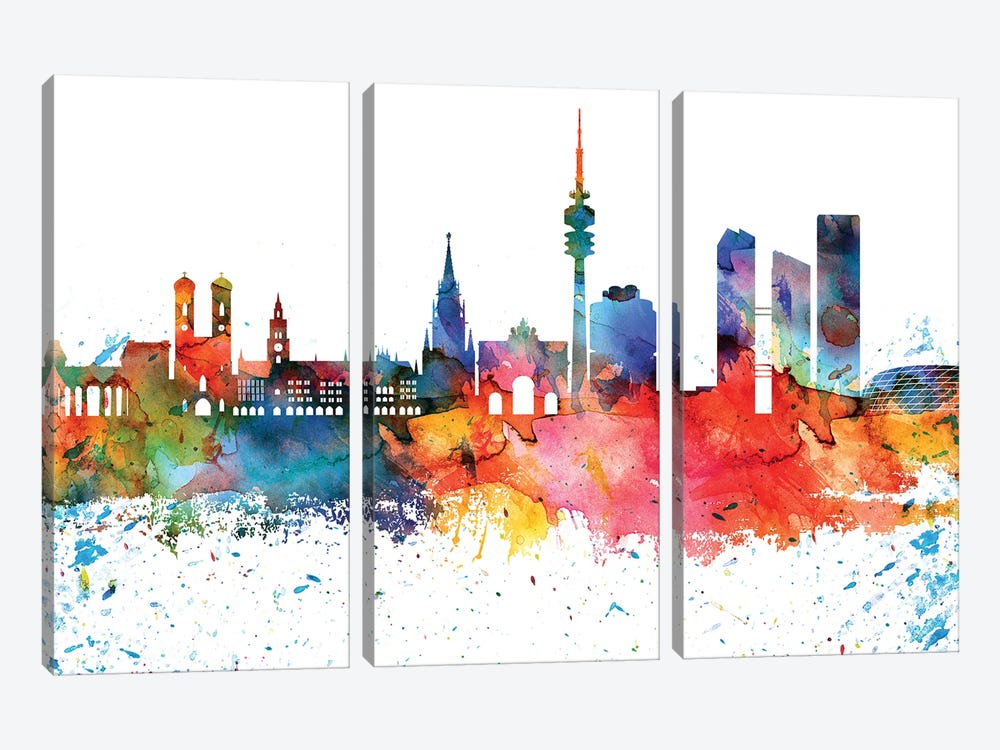 Munich Colorful Watercolor Skyline by WallDecorAddict 3-piece Art Print
