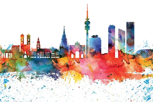 Bavaria: Munich Colorful Watercolor Skyline by WallDecorAddict