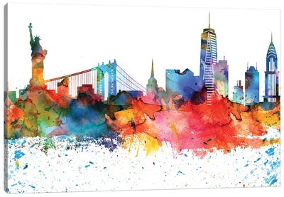 New York Colorful Watercolor Skyline Canvas Art Print - Famous Monuments & Sculptures