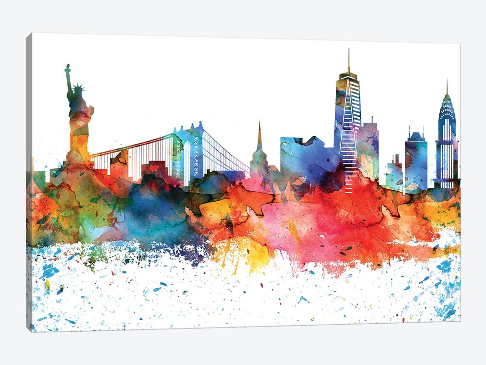 New York Colorful Watercolor Skyline by WallDecorAddict 1-piece Canvas Artwork
