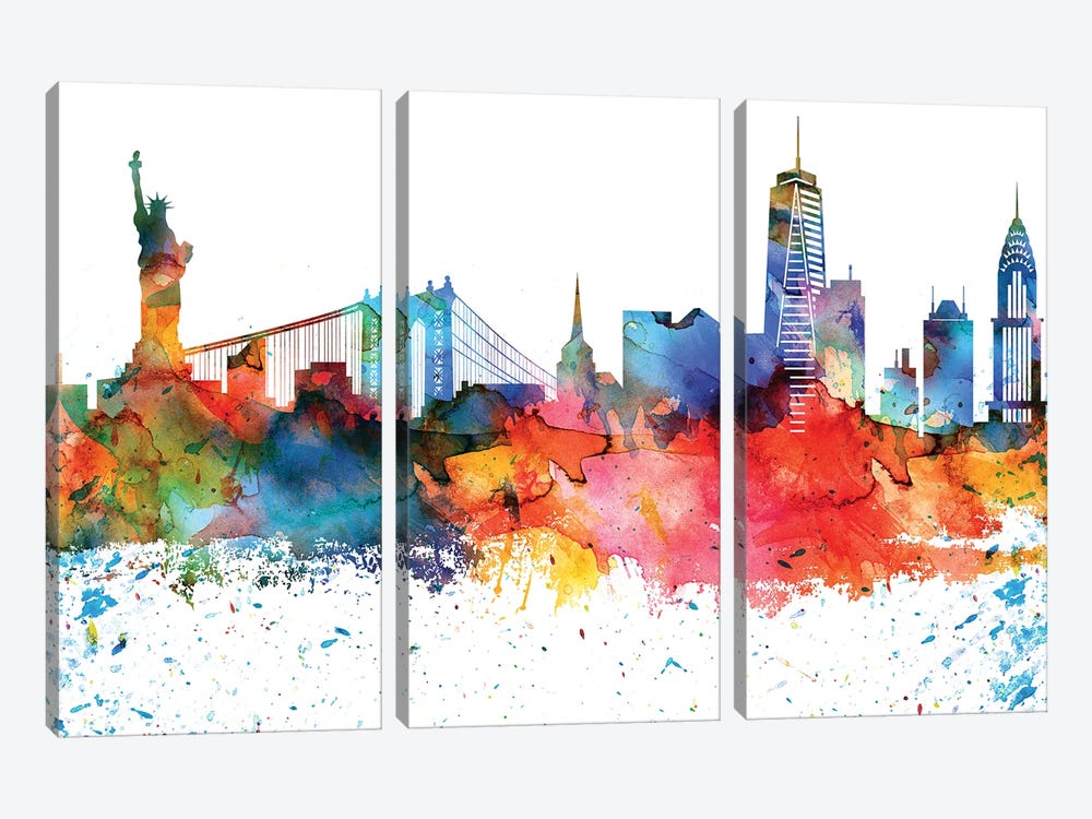New York Colorful Watercolor Skyline by WallDecorAddict 3-piece Canvas Wall Art