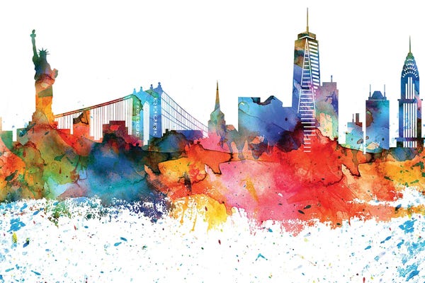 Sculptures & Statues: New York Colorful Watercolor Skyline by WallDecorAddict