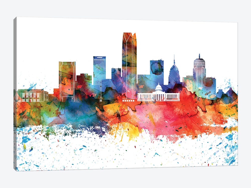 Oklahoma Colorful Watercolor Skyline by WallDecorAddict 1-piece Canvas Wall Art