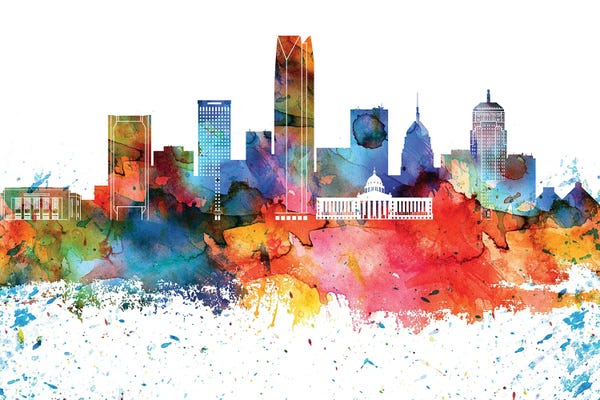 Oklahoma: Oklahoma Colorful Watercolor Skyline by WallDecorAddict