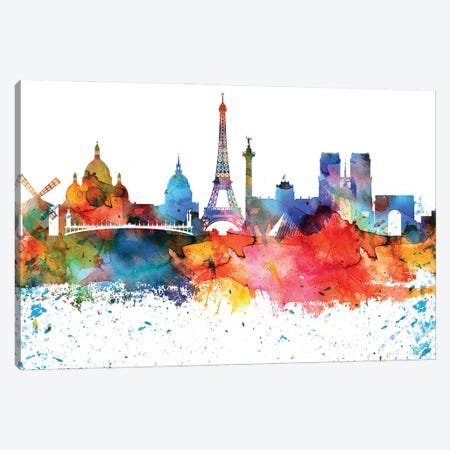 Paris Colorful Watercolor Skyline Canvas Print #WDA1346} by WallDecorAddict Canvas Artwork