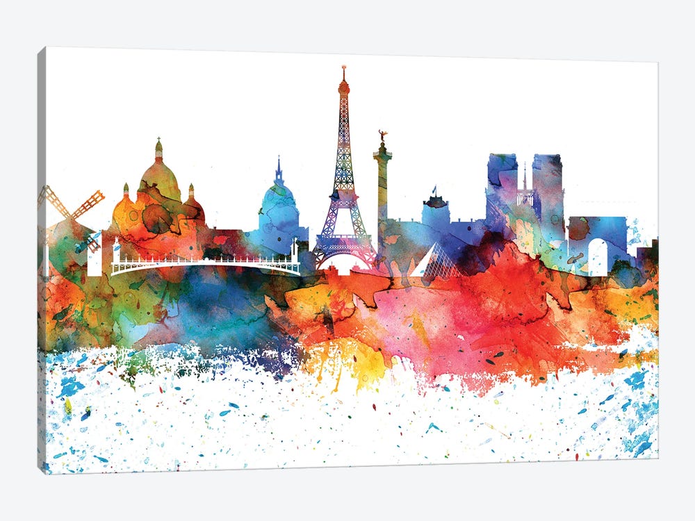 Paris Colorful Watercolor Skyline by WallDecorAddict 1-piece Canvas Artwork