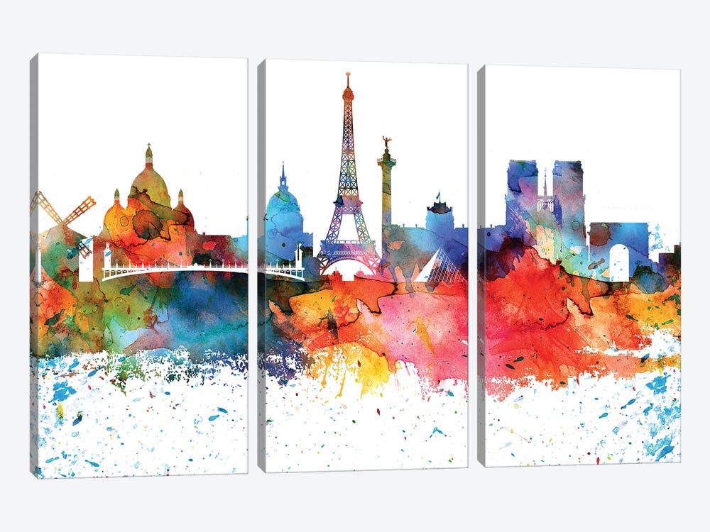 Paris Colorful Watercolor Skyline by WallDecorAddict 3-piece Canvas Wall Art