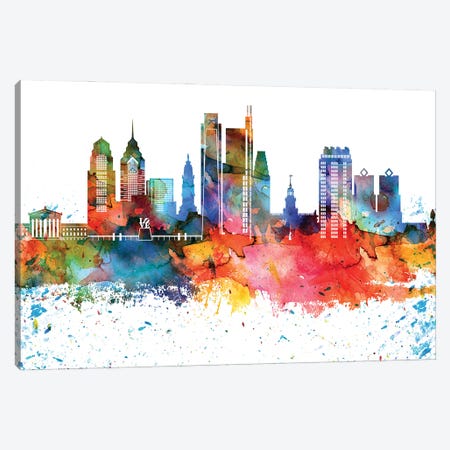 Philadelphia Colorful Watercolor Skyline Canvas Print #WDA1348} by WallDecorAddict Canvas Art Print