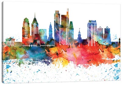 Philadelphia Colorful Watercolor Skyline Canvas Art Print - Philadelphia Skylines