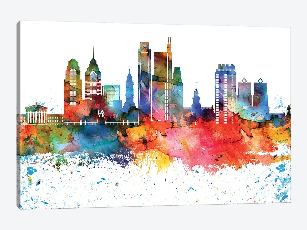Philadelphia Colorful Watercolor Skyline by WallDecorAddict 1-piece Canvas Artwork