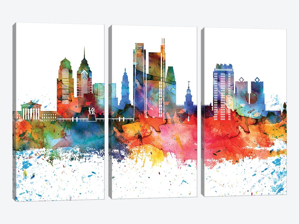 Philadelphia Colorful Watercolor Skyline by WallDecorAddict 3-piece Canvas Art
