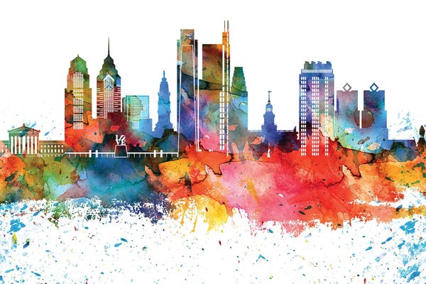Pennsylvania: Philadelphia Colorful Watercolor Skyline by WallDecorAddict
