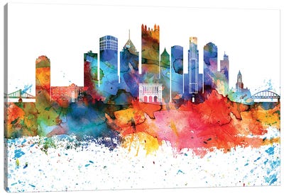 Pittsburgh Colorful Watercolor Skyline Canvas Art Print - Pittsburgh Art