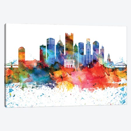 Pittsburgh Colorful Watercolor Skyline Canvas Print #WDA1350} by WallDecorAddict Canvas Wall Art