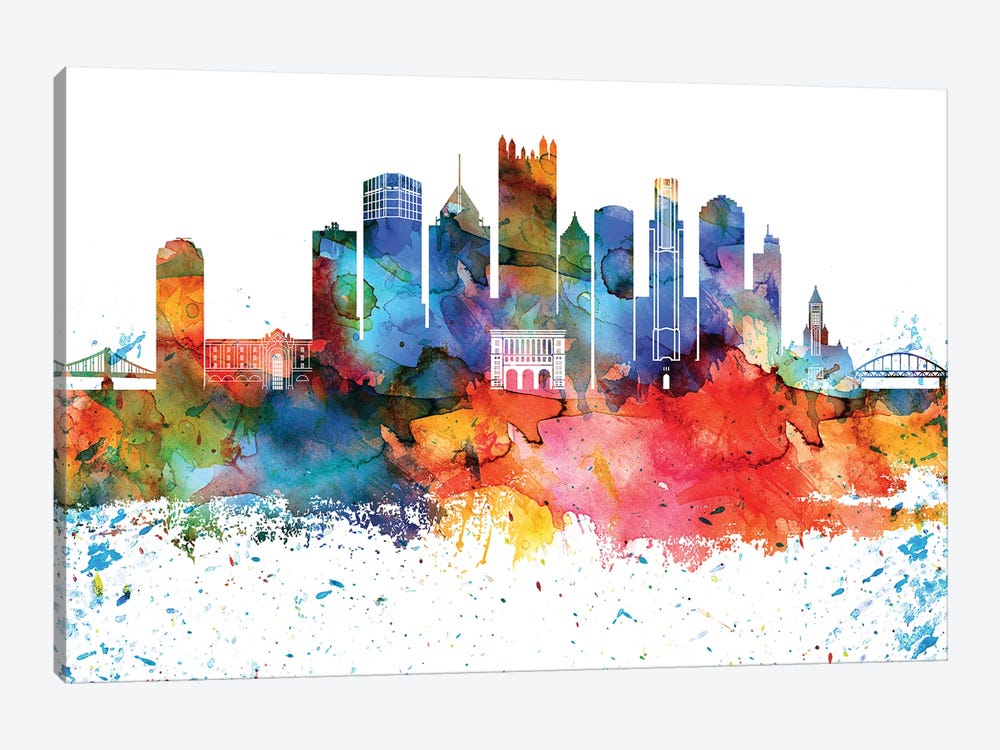 Pittsburgh Colorful Watercolor Skyline by WallDecorAddict 1-piece Canvas Art Print