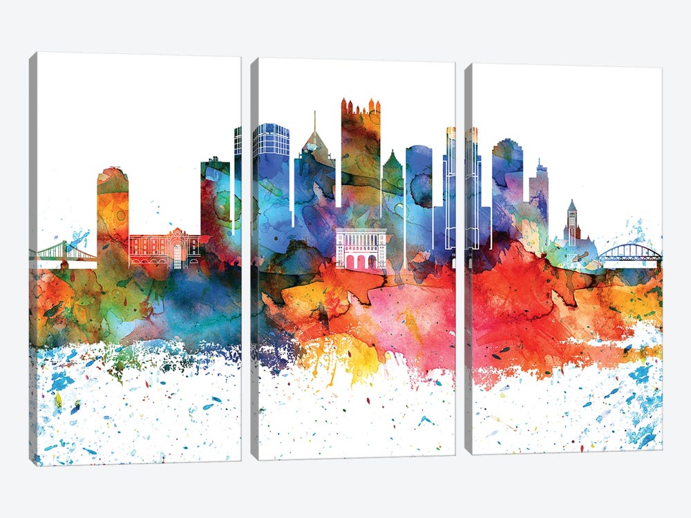 Pittsburgh Colorful Watercolor Skyline by WallDecorAddict 3-piece Art Print