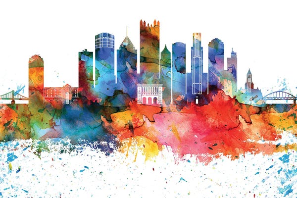 WallDecorAddict: Pittsburgh Colorful Watercolor Skyline by WallDecorAddict