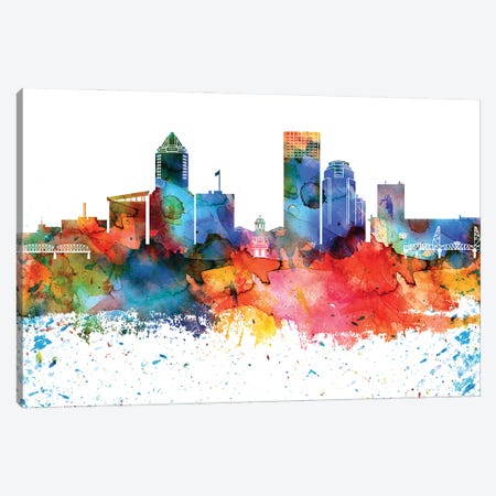 Portland Colorful Watercolor Skyline Canvas Print #WDA1351} by WallDecorAddict Canvas Art