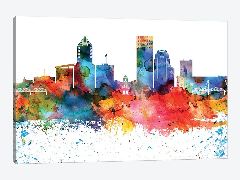 Portland Colorful Watercolor Skyline by WallDecorAddict 1-piece Canvas Wall Art