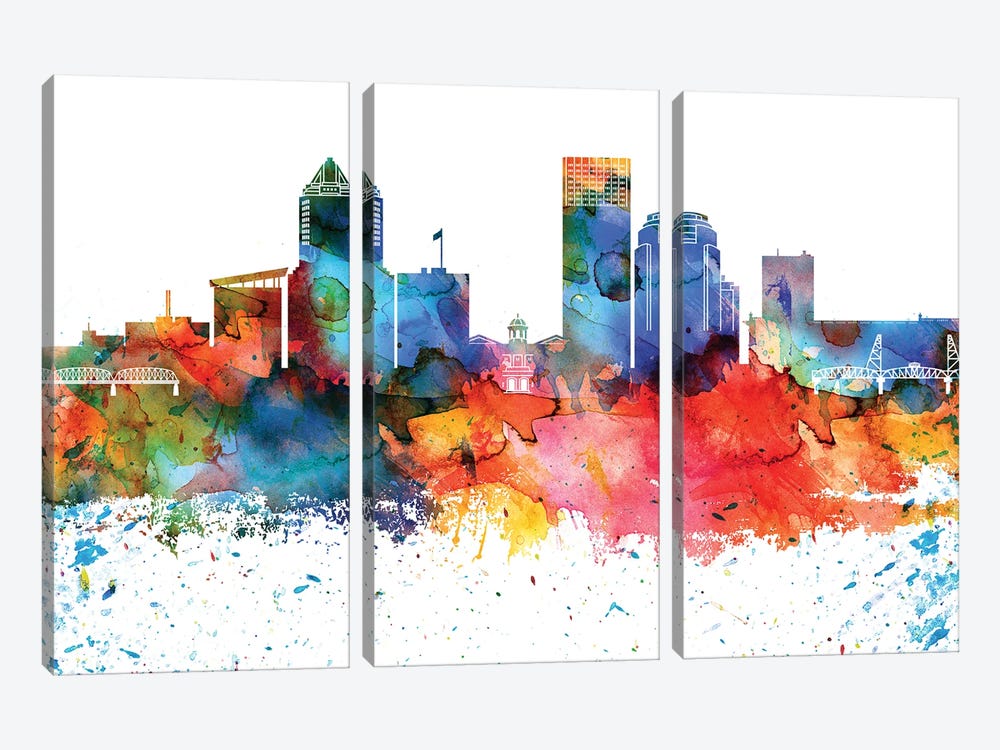Portland Colorful Watercolor Skyline by WallDecorAddict 3-piece Canvas Art