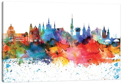 Prague Colorful Watercolor Skyline Canvas Art Print - Prague Art
