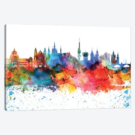 Prague Colorful Watercolor Skyline Canvas Print #WDA1352} by WallDecorAddict Canvas Artwork