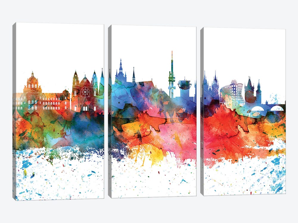 Prague Colorful Watercolor Skyline by WallDecorAddict 3-piece Art Print