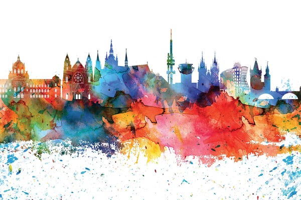 Czech Republic: Prague Colorful Watercolor Skyline by WallDecorAddict