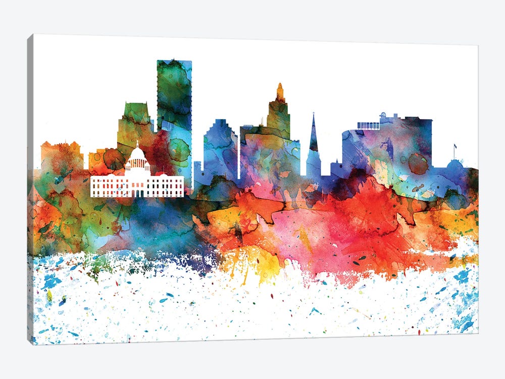 Providence Colorful Watercolor Skyline by WallDecorAddict 1-piece Canvas Artwork