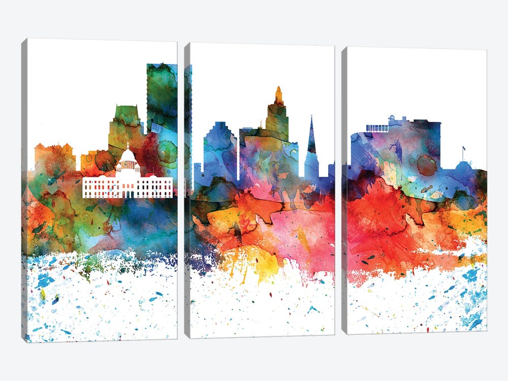 Providence Colorful Watercolor Skyline by WallDecorAddict 3-piece Canvas Wall Art