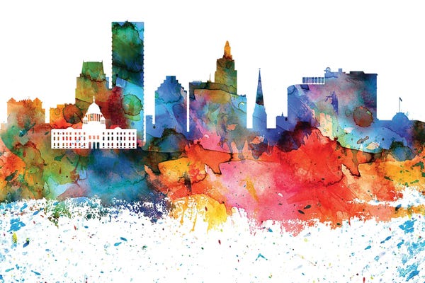 Rhode Island: Providence Colorful Watercolor Skyline by WallDecorAddict