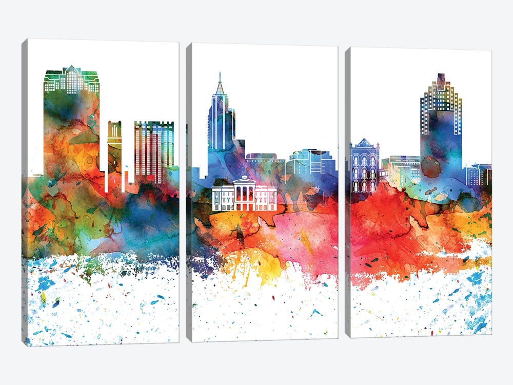 Raleigh Colorful Watercolor Skyline by WallDecorAddict 3-piece Canvas Wall Art