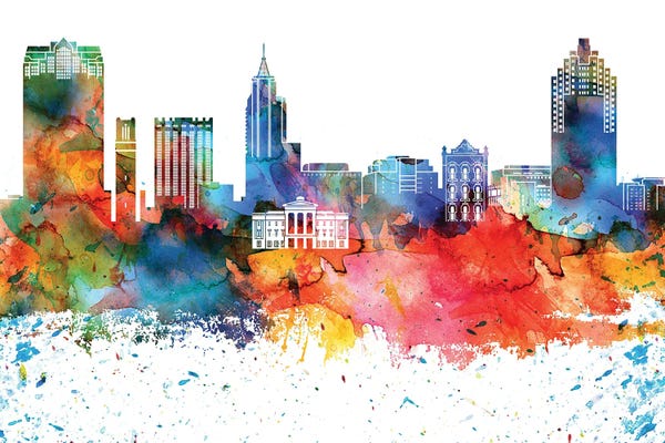 Raleigh: Raleigh Colorful Watercolor Skyline by WallDecorAddict