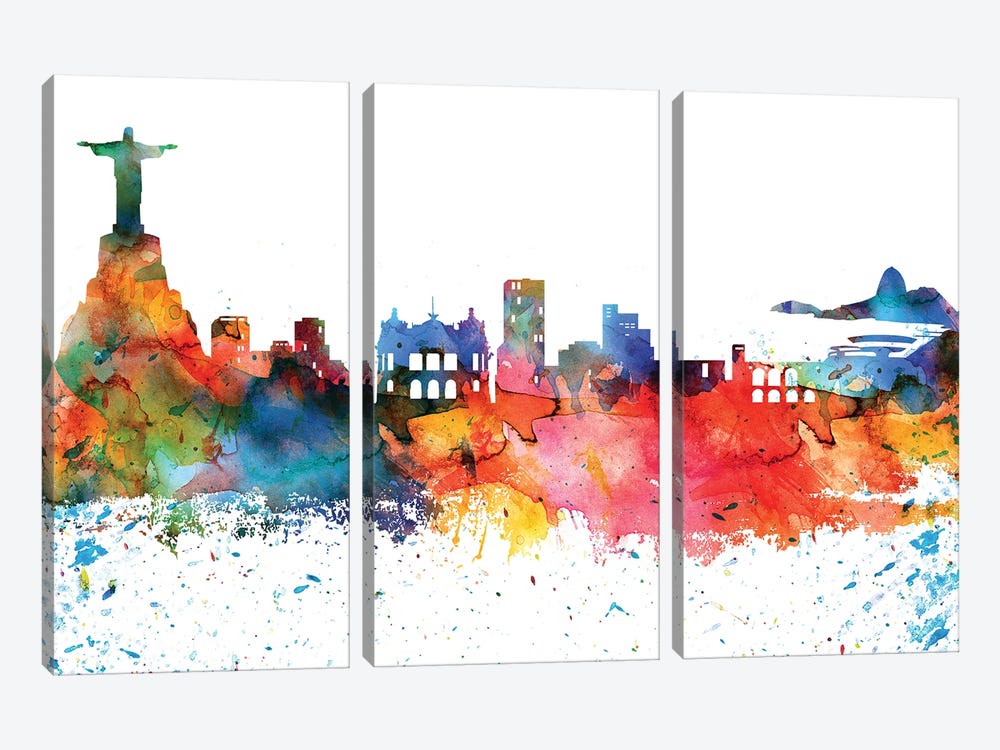 Rio Colorful Watercolor Skyline by WallDecorAddict 3-piece Canvas Art Print
