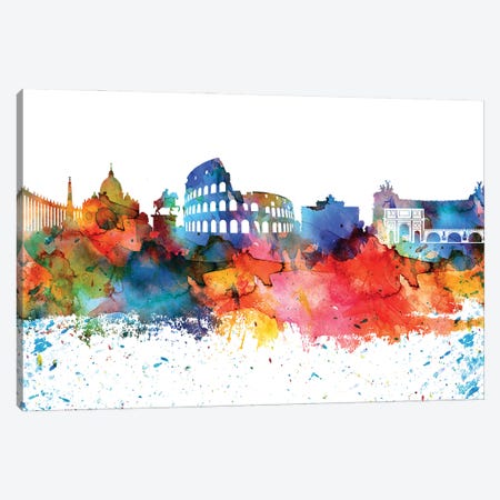 Rome Colorful Watercolor Skyline Canvas Print #WDA1359} by WallDecorAddict Canvas Wall Art