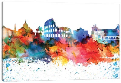 Rome Colorful Watercolor Skyline Canvas Art Print - Rome Skylines