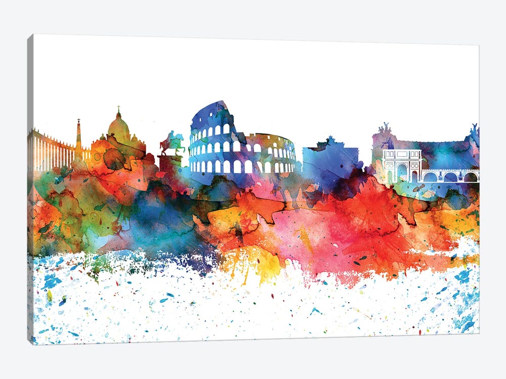 Rome Colorful Watercolor Skyline by WallDecorAddict 1-piece Canvas Wall Art