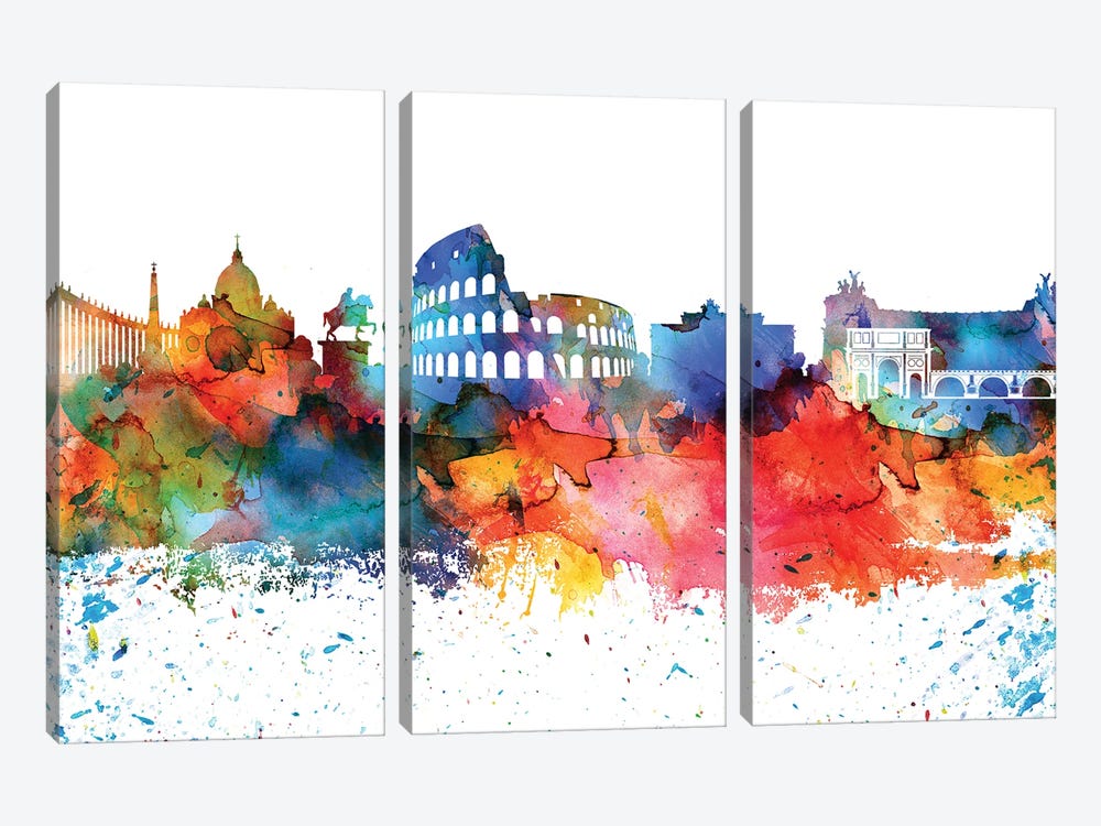 Rome Colorful Watercolor Skyline by WallDecorAddict 3-piece Canvas Art