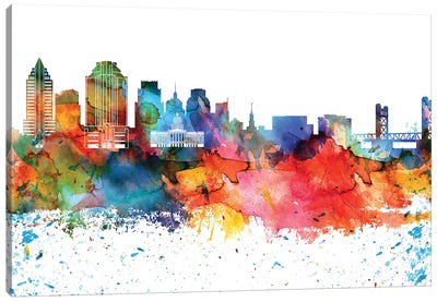 Sacramento Colorful Watercolor Skyline Canvas Art Print - WallDecorAddict