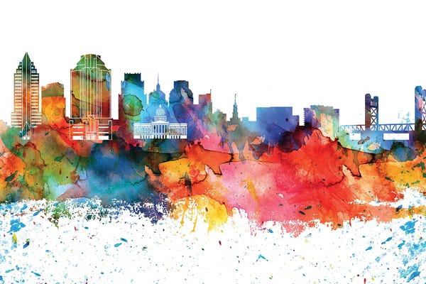 WallDecorAddict: Sacramento Colorful Watercolor Skyline by WallDecorAddict