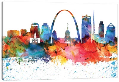 Saint Louis Colorful Watercolor Skyline Canvas Art Print - St. Louis Skylines