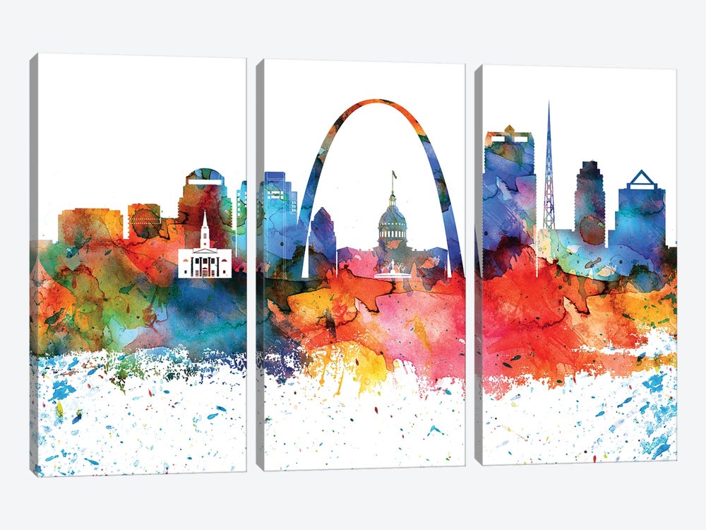 Saint Louis Colorful Watercolor Skyline by WallDecorAddict 3-piece Canvas Wall Art