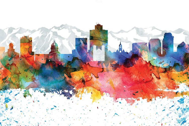 Salt Lake Colorful Watercolor Skyline by WallDecorAddict wall art