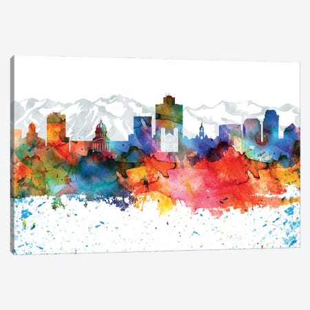 Salt Lake Colorful Watercolor Skyline Canvas Print #WDA1363} by WallDecorAddict Canvas Print