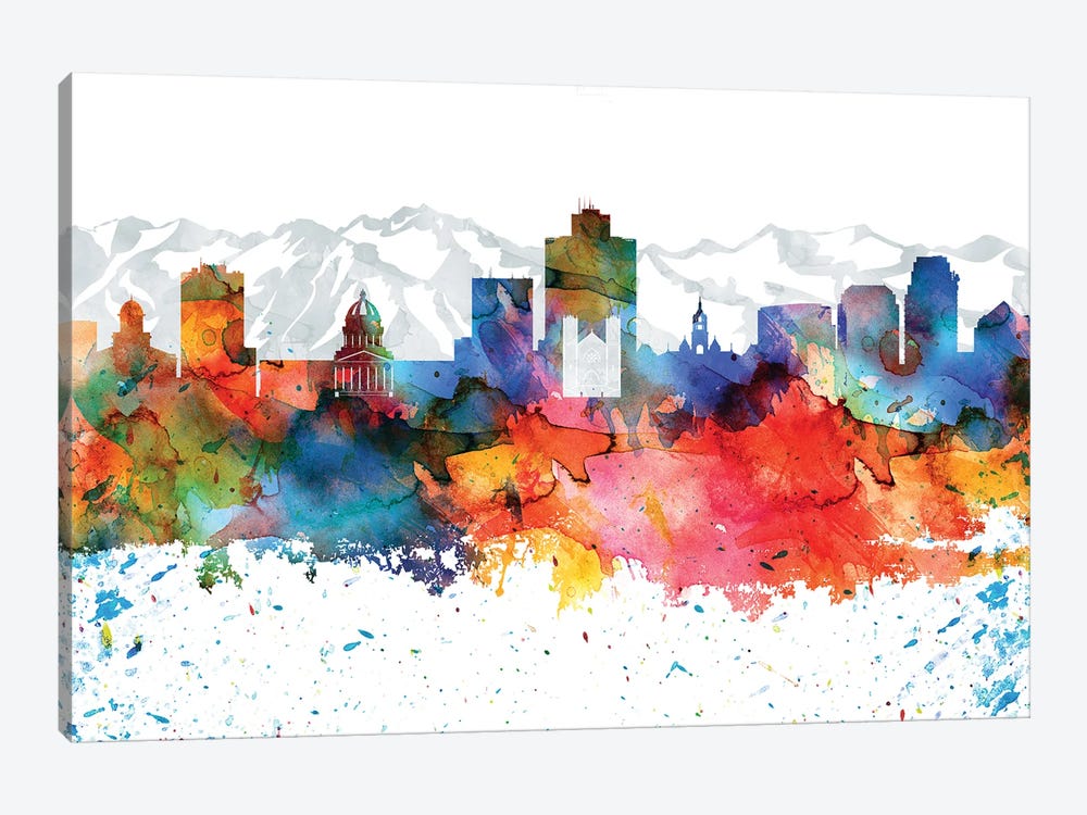 Salt Lake Colorful Watercolor Skyline by WallDecorAddict 1-piece Canvas Art Print