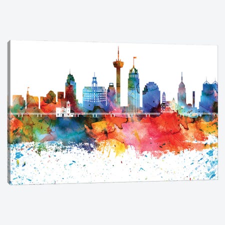 San Antonio Colorful Watercolor Skyline Canvas Print #WDA1364} by WallDecorAddict Canvas Wall Art